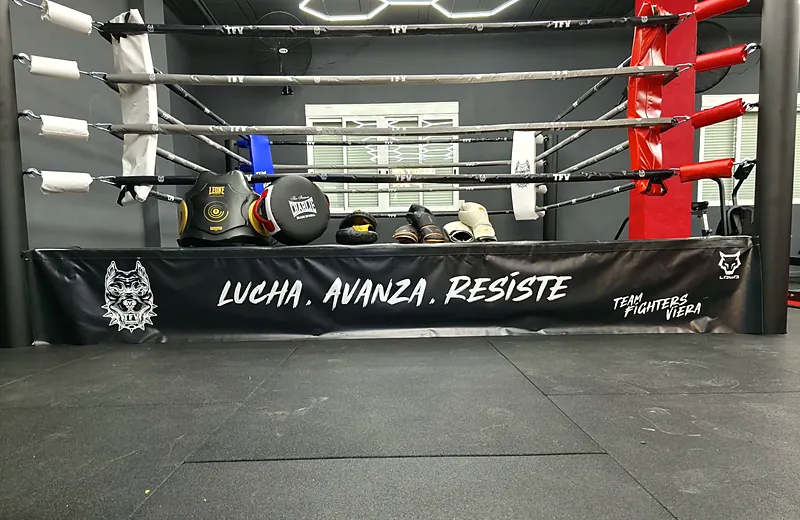 Ring del club con el lema Lucha, Avanza, Resiste en el faldón y material de guanteo sobre la lona
