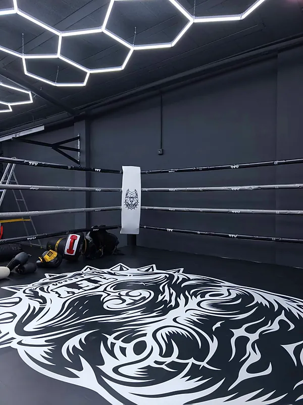 Esquina blanca del ring con el escudo TFV y el logotipo del club pintado en la lona