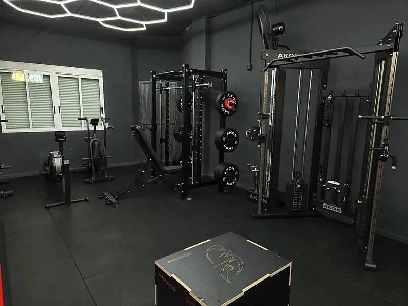 Sala de fuerza con rack de potencia, discos bumper AKON, multiestación de poleas, air bikes, remo y cajón pliométrico